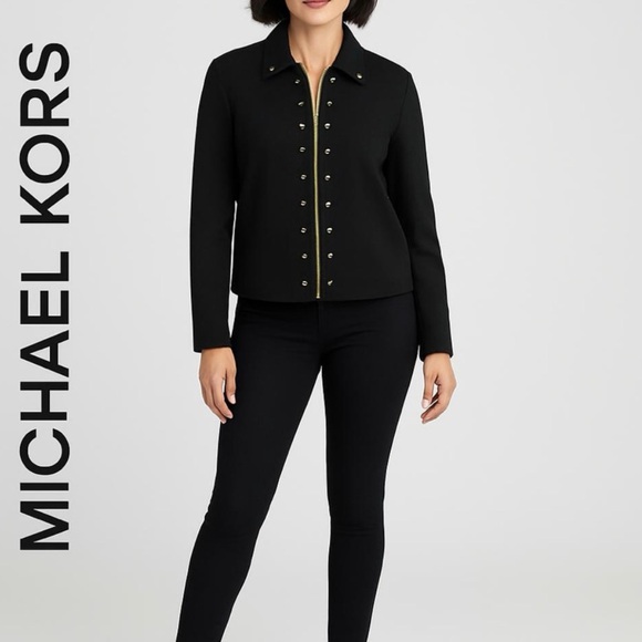 NWT Michael Kors Black Gold Studded Zip Front Cropped Jacket Size Small